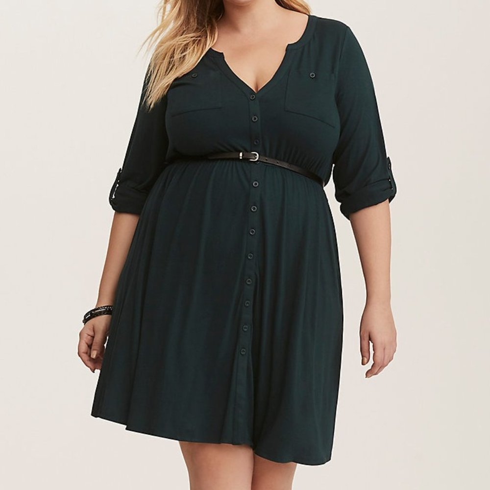 Torrid - Emerald Green Knit Button Front Belted Shirt Dress 1XL